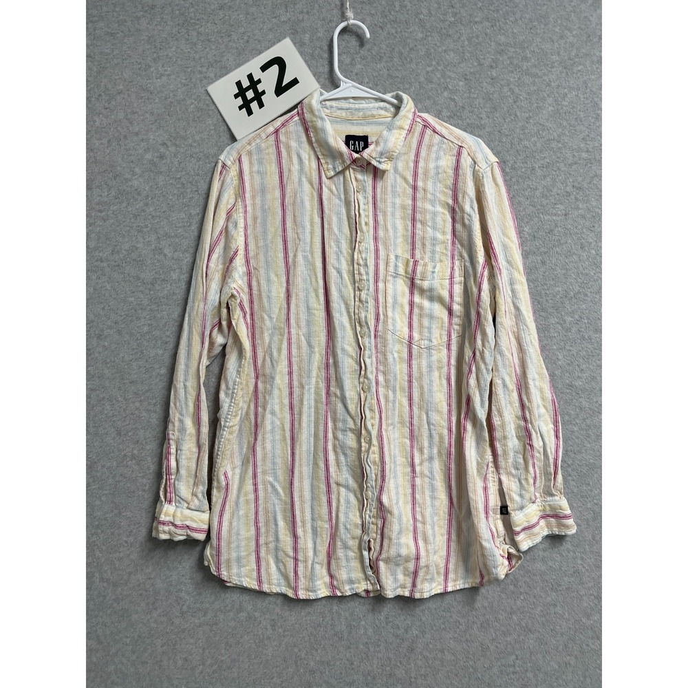 Gap Shirt Womens Large Multicolor Striped Linen Chambray Pleated Button Up